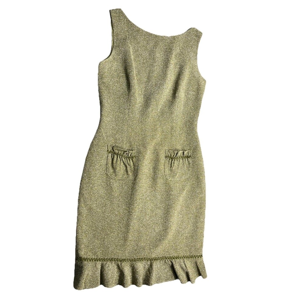 David Meister Olive Shimmer Wool Blend Dress Size 6 Sleeveless Ruffle Hem Sheath